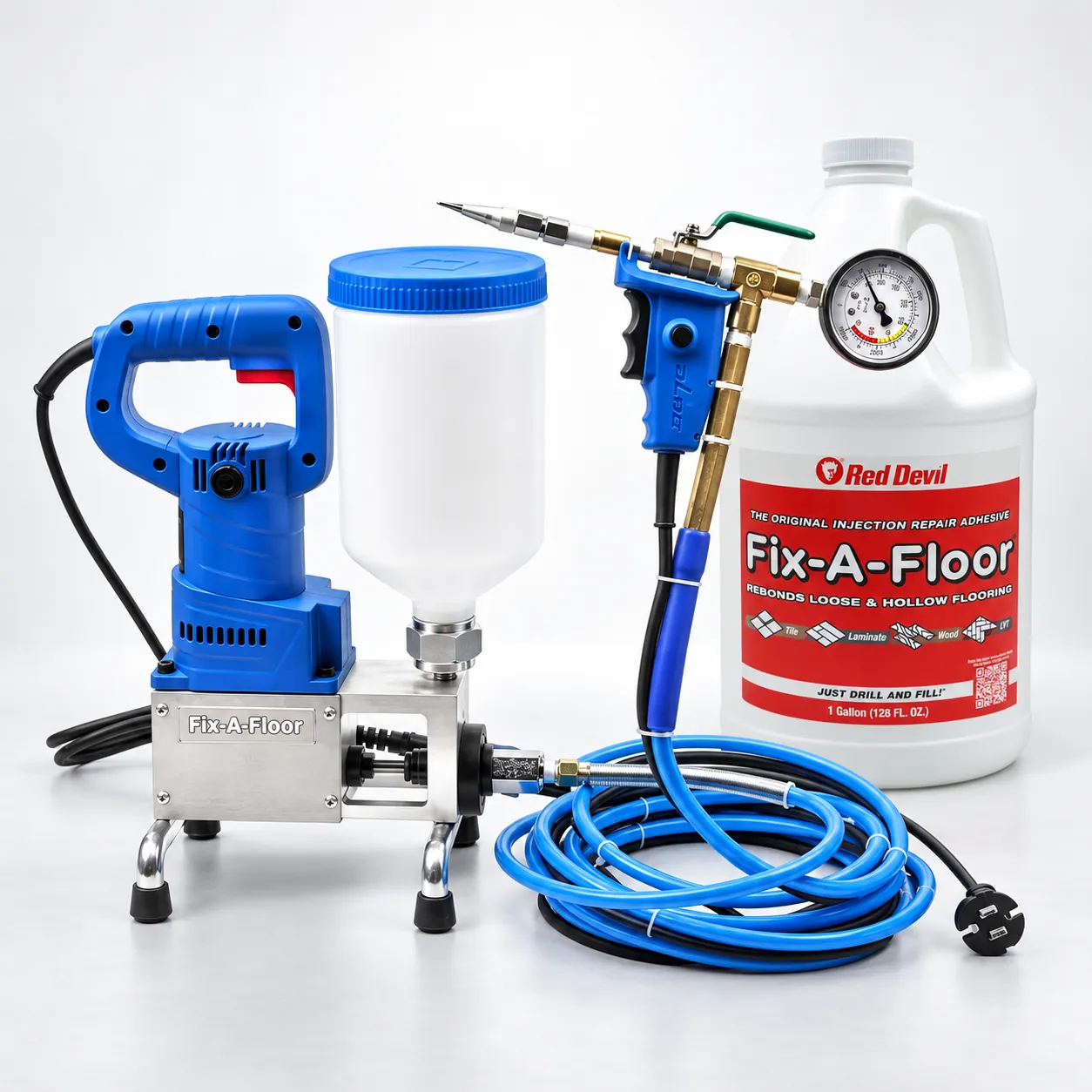 מכונת הזרקה מקצועית FIX-A-FLOOR עם גלון דבק לתיקון אריחים חלולים